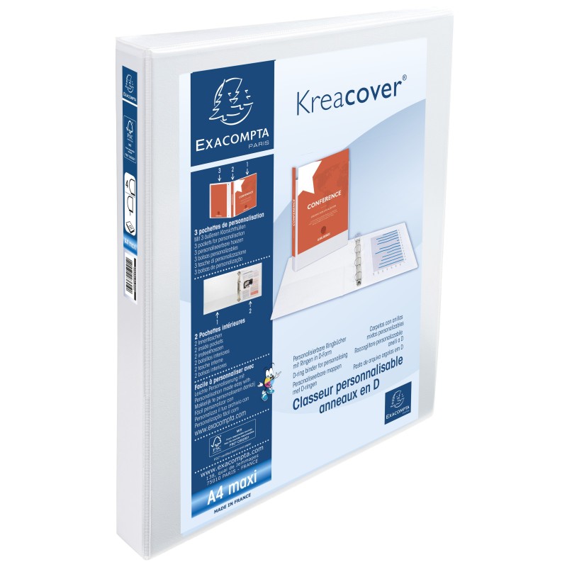 Exacompta Classeur à anneaux personnalisable 3 faces plastifié Kreacover 4 anneaux en D 25 mm - A4 maxi  Dos 4,7 cm Capacité 230 feuilles blanc