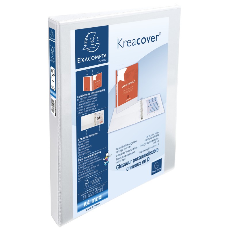 Exacompta Classeur à anneaux personnalisable 3 faces plastifié Kreacover 4 anneaux en D 20 mm - A4 maxi Dos 3,8 cm - Capacité 185 feuilles - Blanc