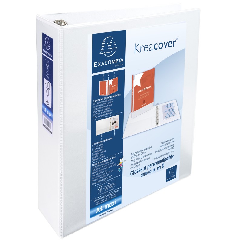 Exacompta Classeur à anneaux personnalisable 3 faces plastifié Kreacover 4 anneaux en D 60 mm -  A4 maxi  Dos 9 cm Capacité 550 feuilles blanc