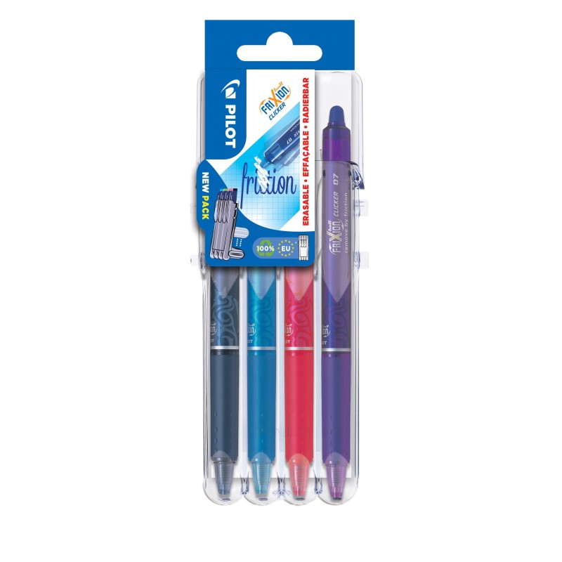 Pilot FriXion Clicker Stylo roller rétractable encre gel effaçable pointe moyenne 0,7 mm - Etui rigide organiseur de 4 couleurs assorties