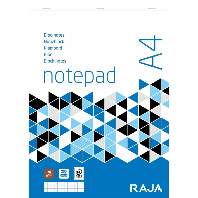 RAJA Bloc notes agrafé A4 21 x 29,7 cm - Petits carreaux 5x5 - 200 pages 70 g non perforées