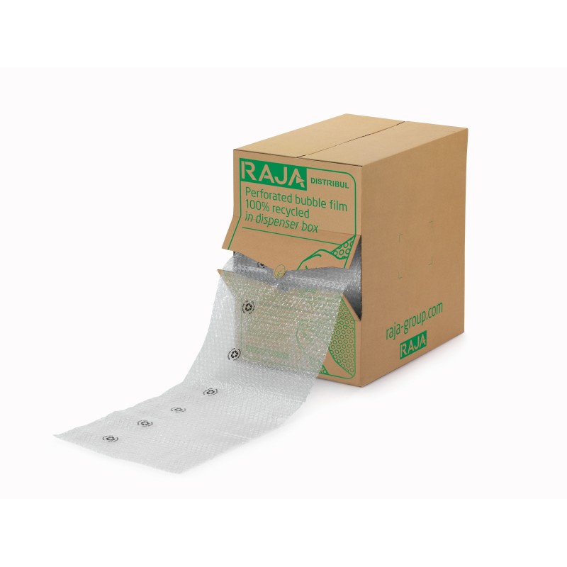 RAJA Film de protection à bulles d'air 10 mm - Boîte distributrice avec rouleau l. 32 cm x L. 50 m - 155 feuilles - Transparent
