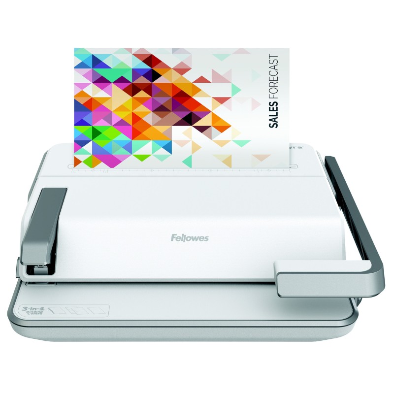 Fellowes Lyra Machine à relier manuelle par peigne - 3 en 1 - 300 feuilles - Blanche et grise - A4 (210 x 297 mm)
