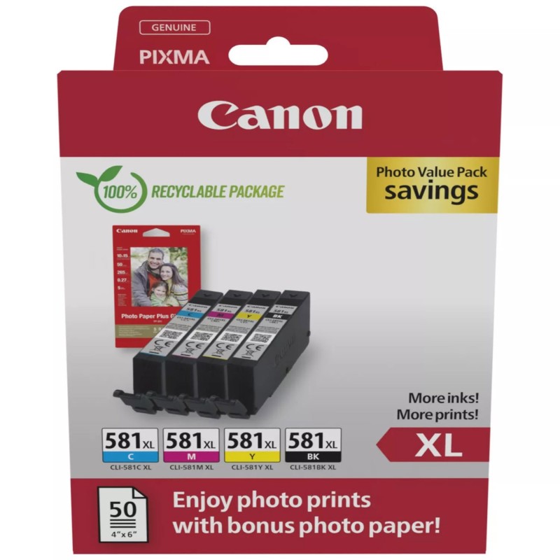 Canon CLI-581XL Cartouche d'encre authentique grande capacité 2052C006 - Pack de 4 (Noir, Cyan, Magenta, Jaune)