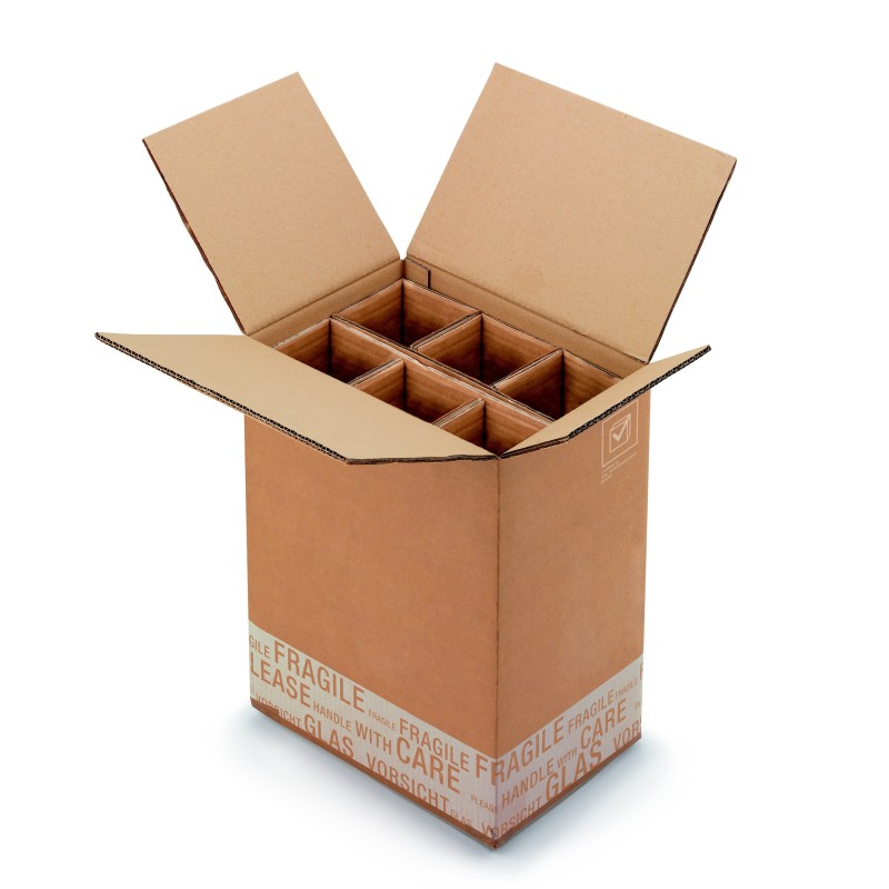 Boîte d'expédition pour 6 bouteilles 75 cl en carton double cannelure brun - L.int. 32 x l.22 x H.41 cm
