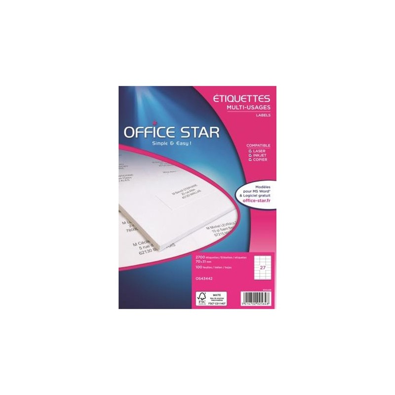OFFICE STAR OS43442 Etiquettes multi-usages blanches 70 x 31 mm - Boîte de 2700