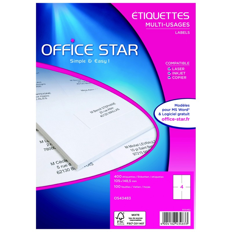 OFFICE STAR OS43483 Etiquettes multi-usages blanches 105 x 148,5 mm - Boîte de 400
