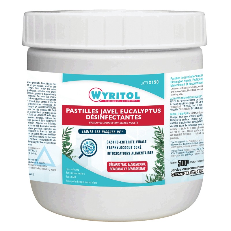 Wyritol Pastilles effervescentes Javel parfum Eucalyptus - Boîte de 150