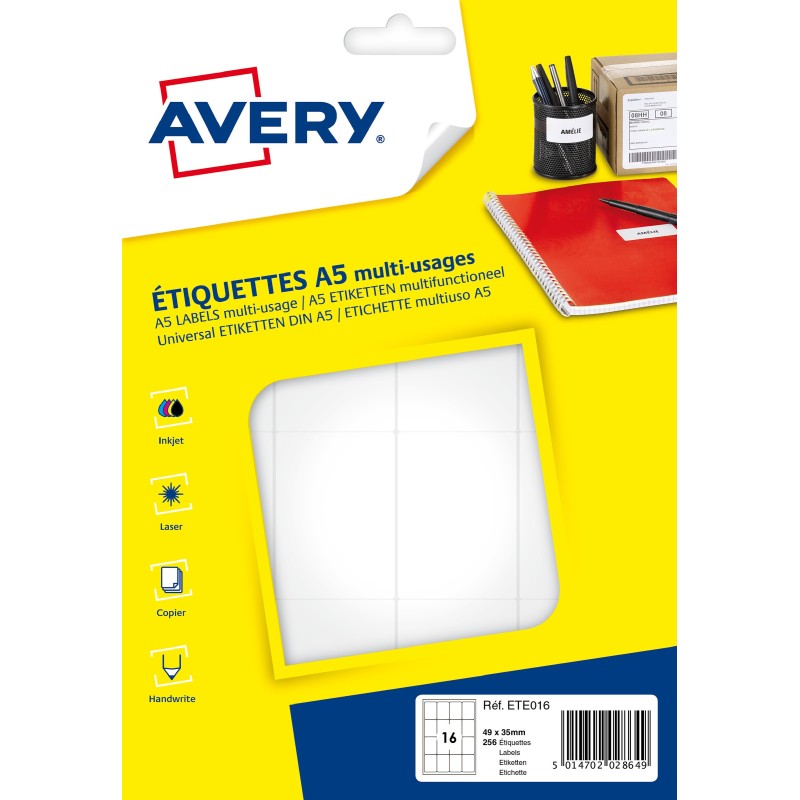 Avery ETE016 Etiquettes multi-usages blanches 35 x 49 mm - Boîte de 256