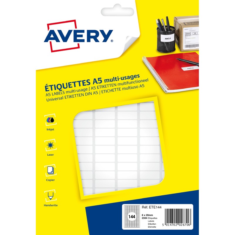 Avery ETE144 Etiquettes multi-usages blanches 8 x 20 mm - Boîte de 2304