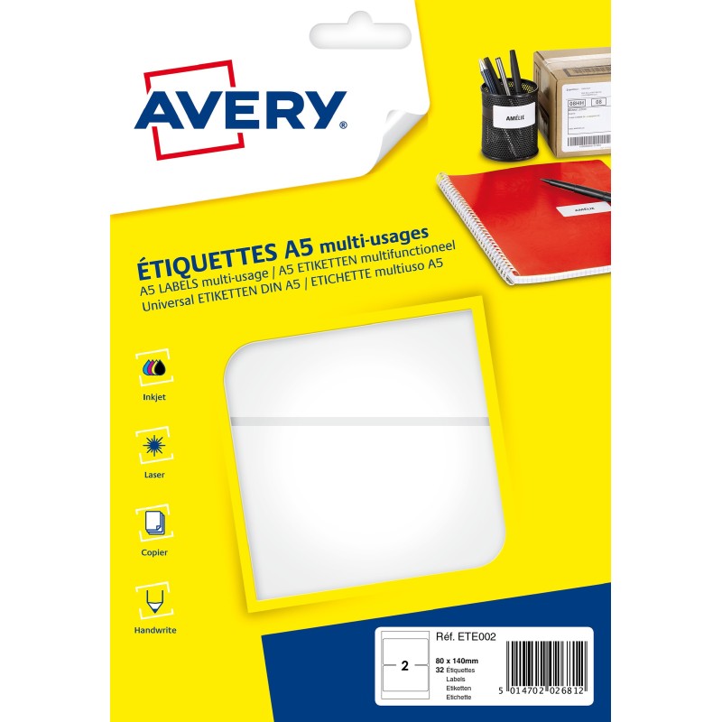 Avery ETE002 Etiquettes multi-usages blanches 80 x 140 mm - Boîte de 32