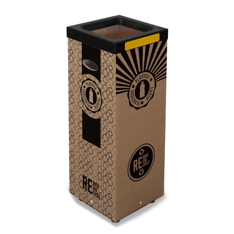Poubelle carton 60l pour recyclage du plastique - Couvercle métal Jaune