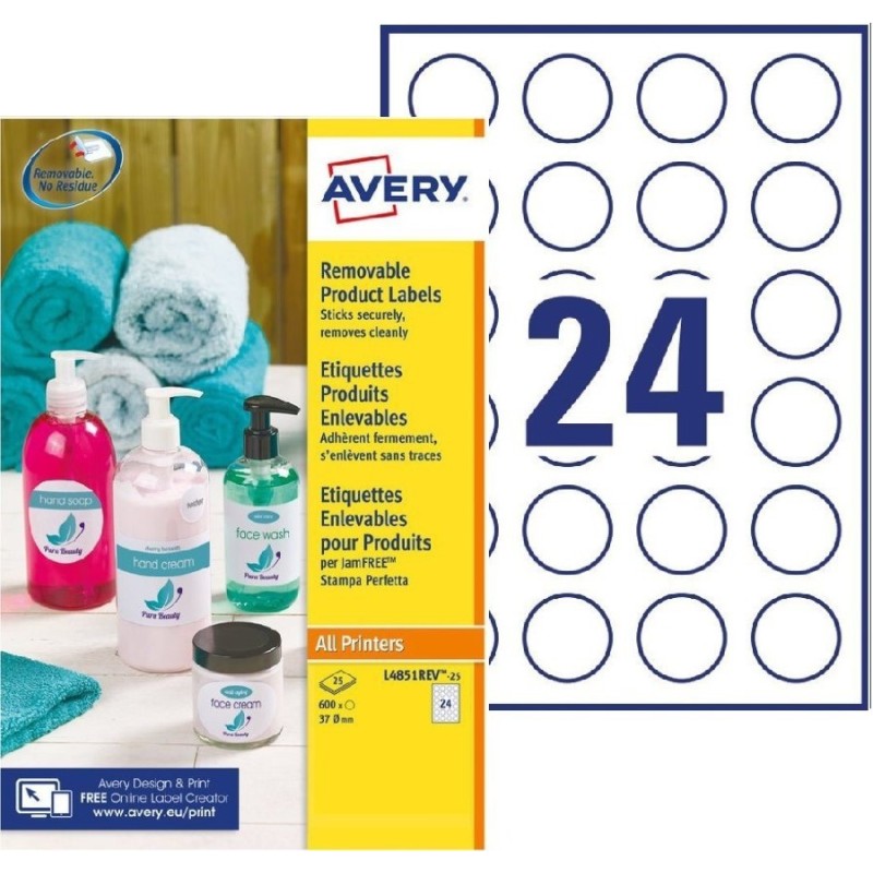 Avery L4851REV Etiquettes produits enlevables blanches rondes Ø.37 mm - Boîte de 600