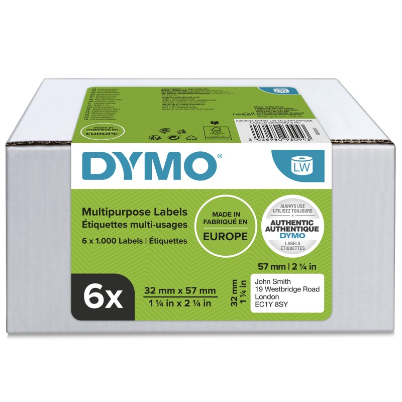 Dymo 2093094 Étiquettes multi-usages pour titreuse LabelWriter 32 x 57 mm - boîte de 6 rouleaux de 1000 étiquettes