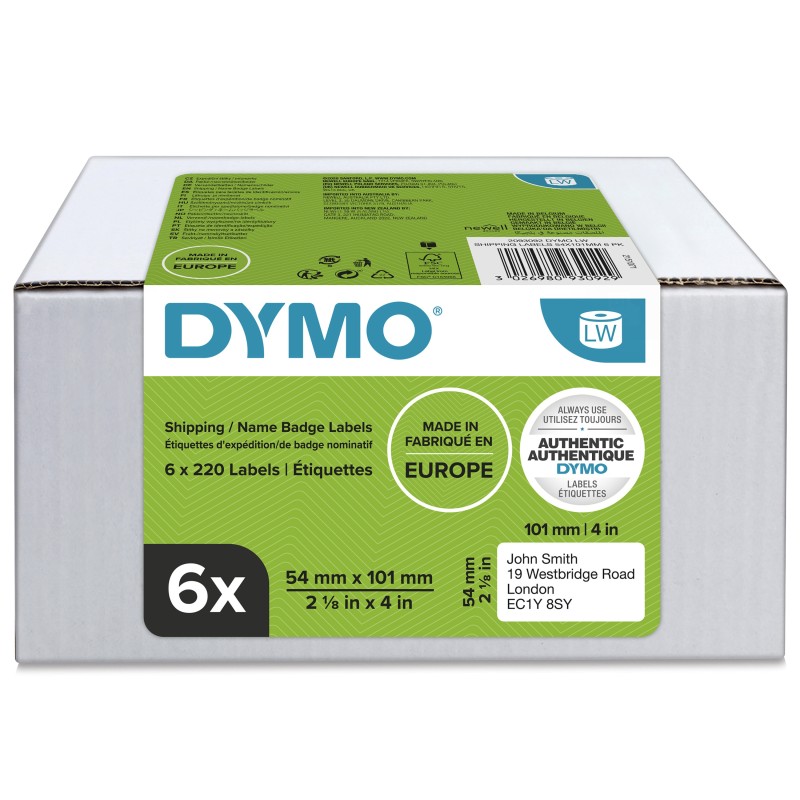 Dymo 2093092 Étiquettes d'expédition blanches 54 x 101 mm pour étiqueteuse LabelWriter - boîte de 6 rouleaux de 220 étiquettes