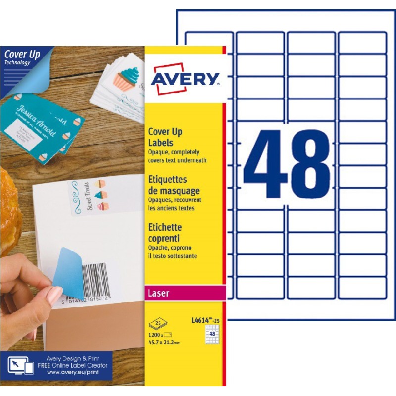 Avery L4614 Etiquettes de masquage permanentes opaques blanches laser 45,7 x 21,2 mm - Boîte de 1200