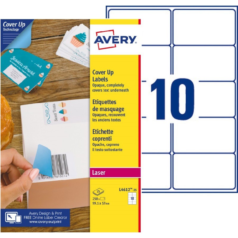 Avery L4612 Etiquettes de masquage permanentes opaques blanches laser 99,1 x 57 mm - Boîte de 250