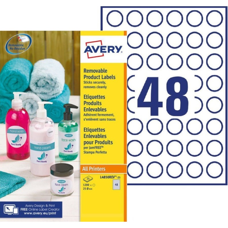 Avery L4850REV Etiquettes produits enlevables blanches rondes Ø.25 mm - Boîte de 1200
