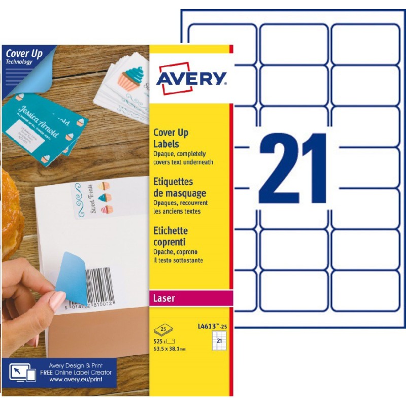 Avery L4613 Etiquettes de masquage permanentes opaques blanches laser 63,5 x 38,1 mm - Boîte de 525