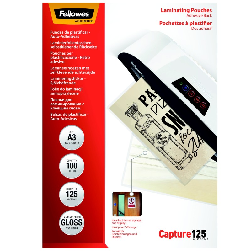 Fellowes Pochettes de plastification A3 dos adhésif - Epaisseur : 125 microns par face - Boîte de 100