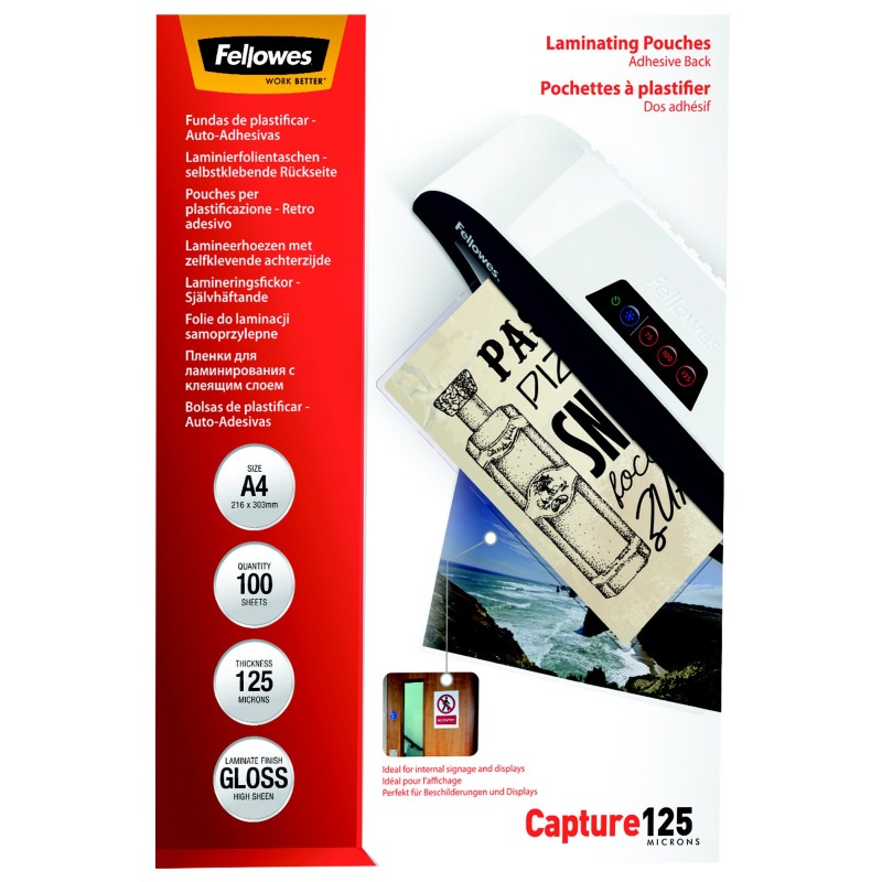 Fellowes Pochettes de plastification A4 dos adhésif - Epaisseur : 125 microns par face - Boîte de 100