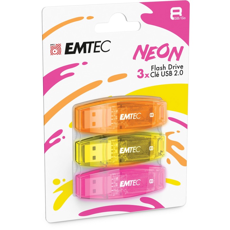 EMTEC C410 Néon - Clé USB 2.0 - 8 Go - Pack de 3 - Coloris assortis