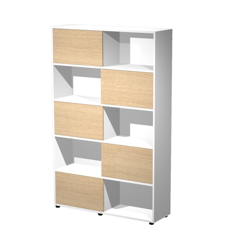 Bibliothèque Svenja 10 cases avec 5 portes coulissantes - L. 120 x H. 190 cm - Blanc avec 5 portes Chêne
