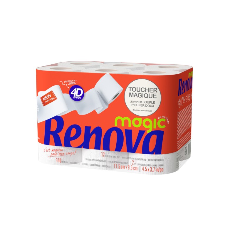 Renova Papier toilette Magic 4D Standard double épaisseur - Rouleau de 160 feuilles - Blanc - Carton de 48 rouleaux