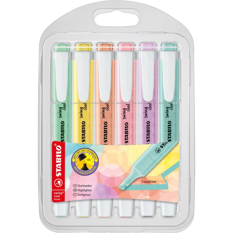 STABILO swing cool Pastel Surligneur pointe biseautée 1 et 4 mm - Coloris assortis - Pochette de 6