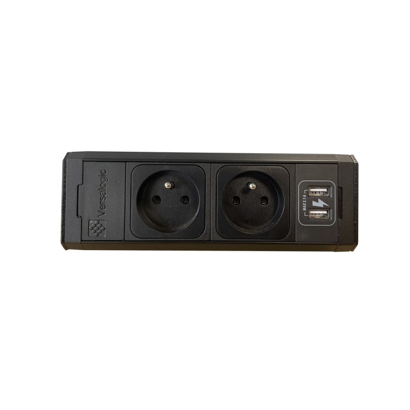 Bloc prise VersaDesk avec fixation, 2 prises électriques + 2 ports USB, câble d’alimentation 3m - Noir