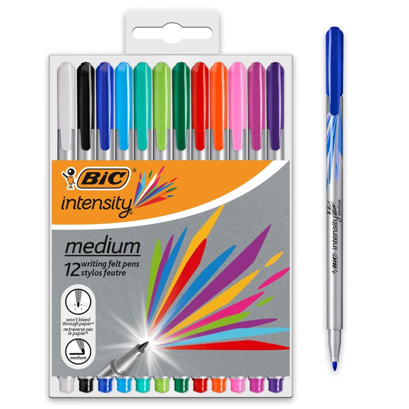 BIC Stylo feutre Intensity, pointe moyenne 0,7 mm, pochette de 12 couleurs assorties