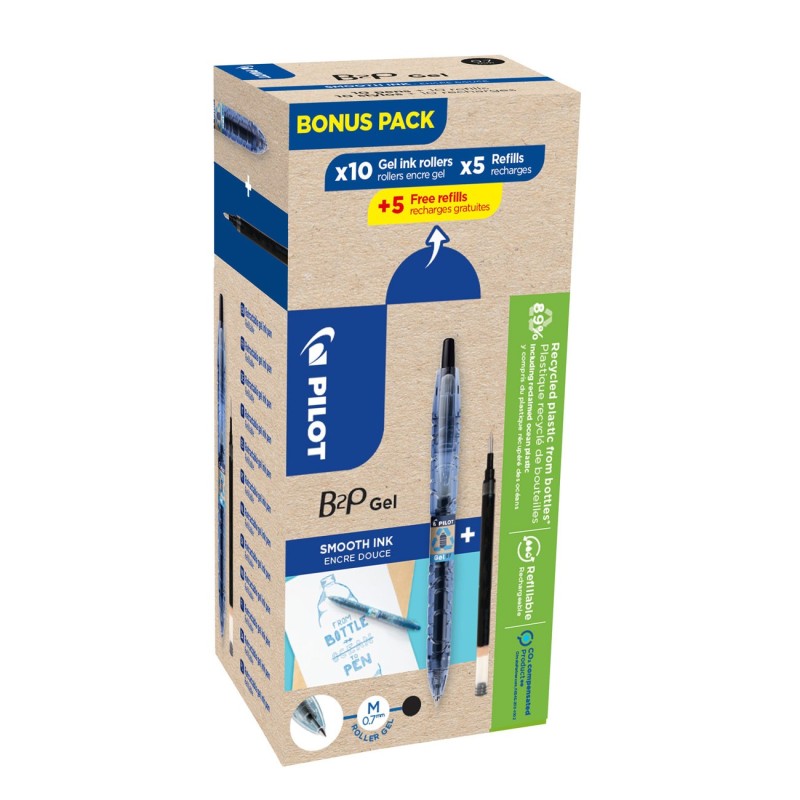 Pilot Eco Pack B2P Begreen, stylo bille rétractable, pointe moyenne 0,7 mm, corps noir transparent avec zone de préhension, encre noire, 10 stylos + 10 recharges dont 5 offertes