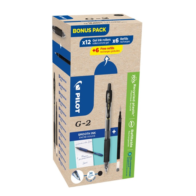 Pilot Eco Pack G2-07, stylo encre gel rétractable, pointe moyenne 0,7 mm, corps noir transparent avec zone de préhension, encre noire, 12 stylos + 12 recharges dont 6 offertes