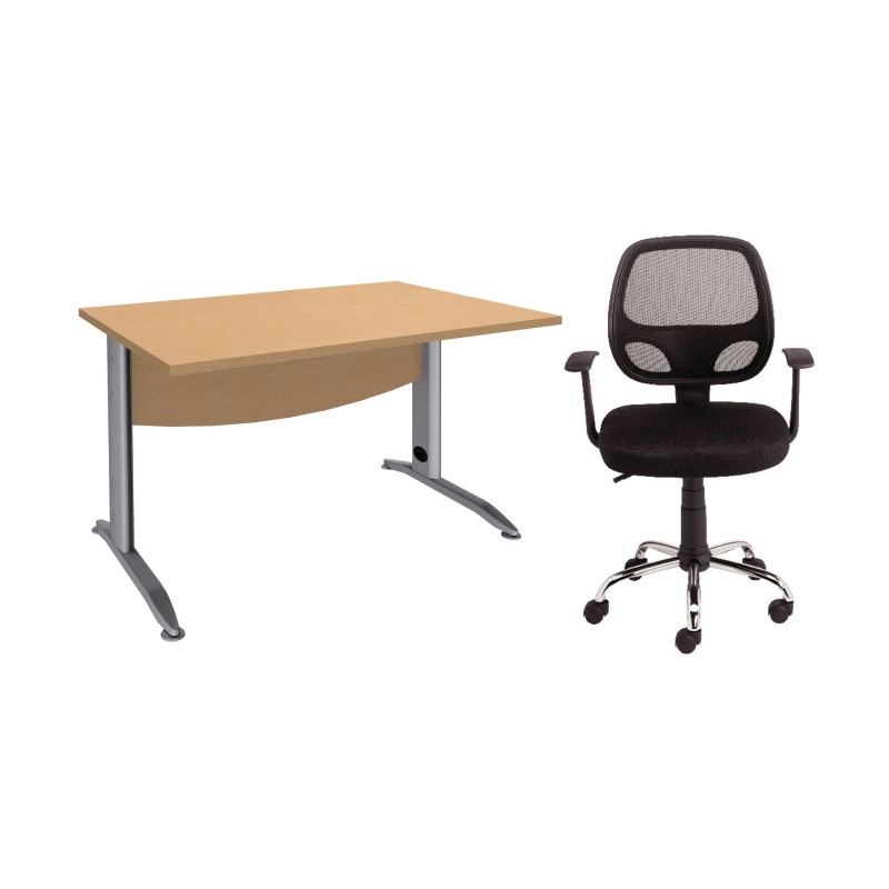 Pack Bureau droit Activity Métal L.120 x P.80 cm Plateau Hêtre - Pieds L Aluminium + Fauteuil Tami tissu/maille filet Noir