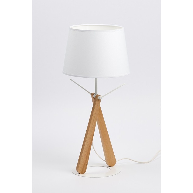 Aluminor Lampe de bureau Zazou - Ampoule Led E27 - 12W - Pied bois hêtre et socle acier laqué - Abat-jour blanc