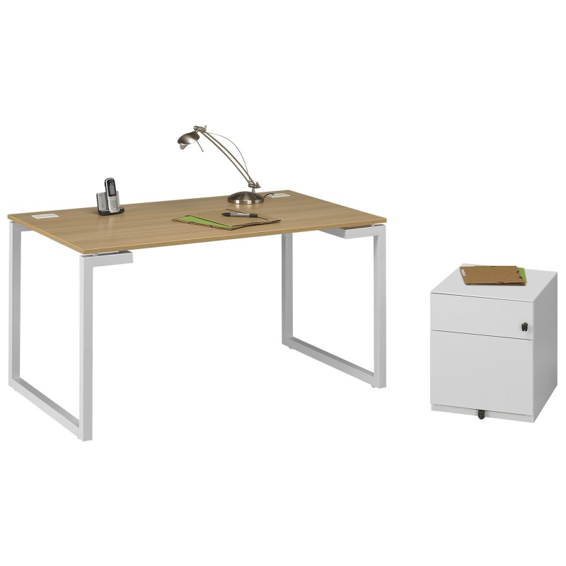 Pack bureau droit Vitaly L.120 x P.60 cm Chêne pieds Blanc + Caisson mobile métal 2 tiroirs Blanc