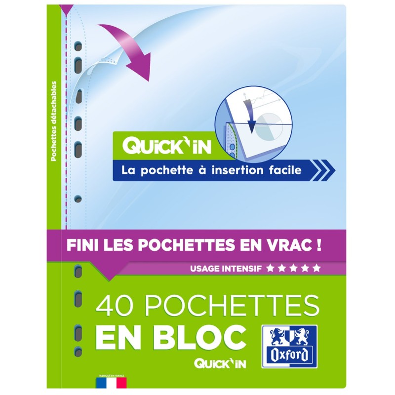 Oxford Pochettes perforées en bloc Quick'In A4 PP lisse incolore - Lot de 40