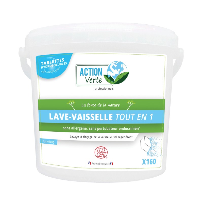 ACTION VERTE Tablettes de lavage écologiques lave-vaisselle tout-en-un, cycle long, seau de 160 tablettes