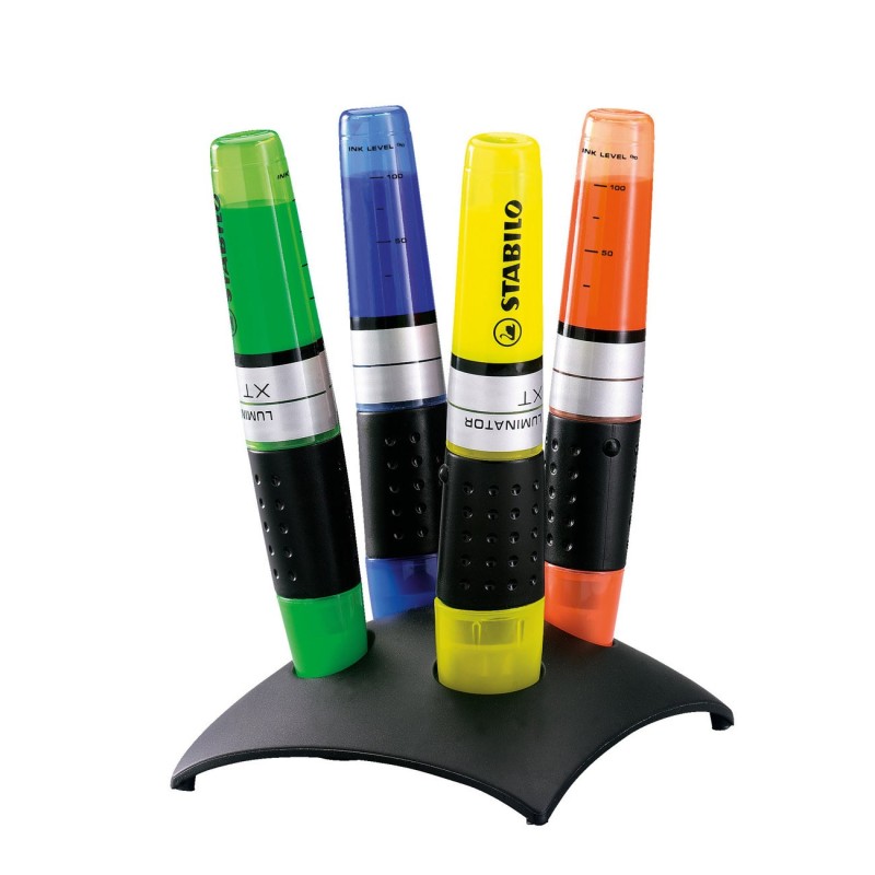 STABILO LUMINATOR Surligneurs set de bureau pointe biseautée 2 et 5 mm - Coloris assortis - Lot de 4