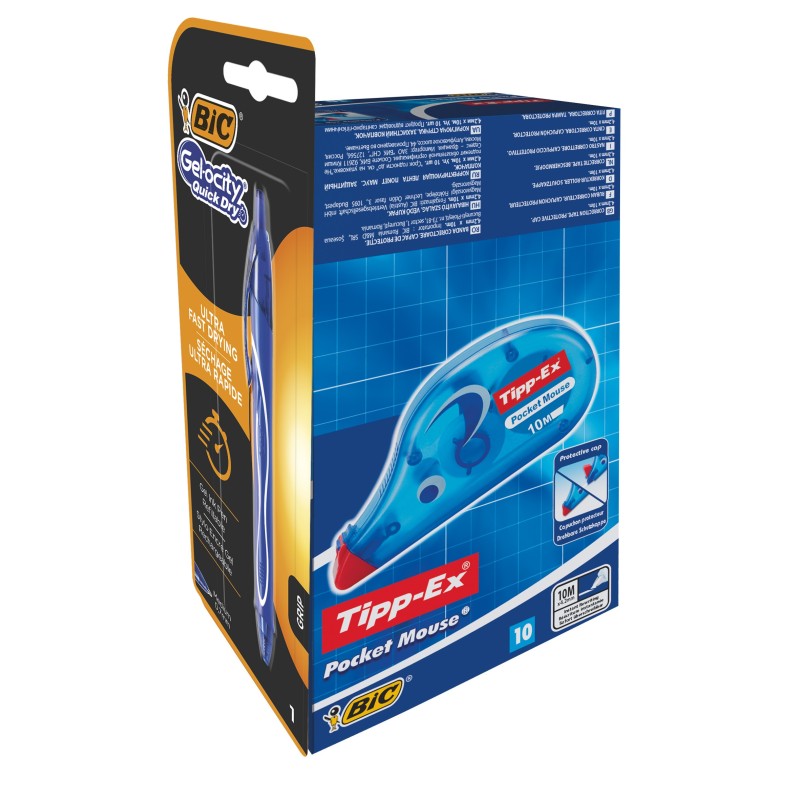 Tipp-Ex Roller de correction Pocket Mouse 4,2mm x 10m Bleu translucide - Pack de 10 rollers + 1 stylo Gel-ocity Quick Dry OFFERT