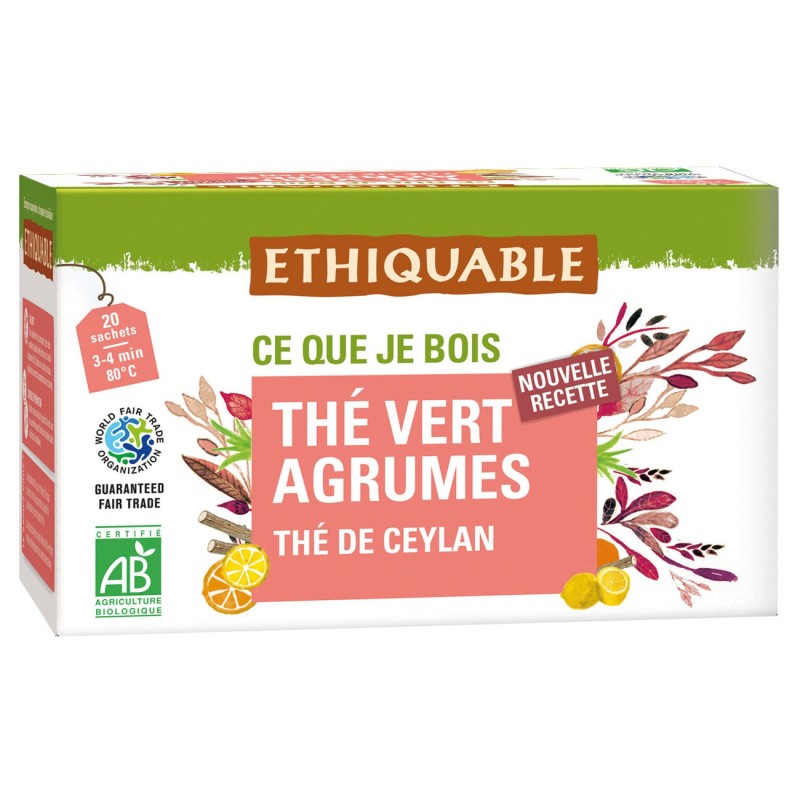 Ethiquable Thé vert agrumes Ceylan Bio et équitable - 20 sachets fraîcheur recyclables en infusette
