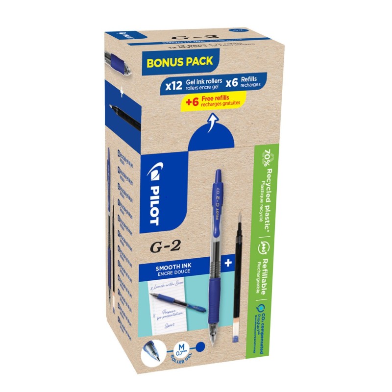 Pilot Eco Pack G2-07, stylo encre gel rétractable, pointe moyenne 0,7 mm, corps bleu transparent avec zone de préhension, encre bleue, 12 stylos + 12 recharges dont 6 offertes