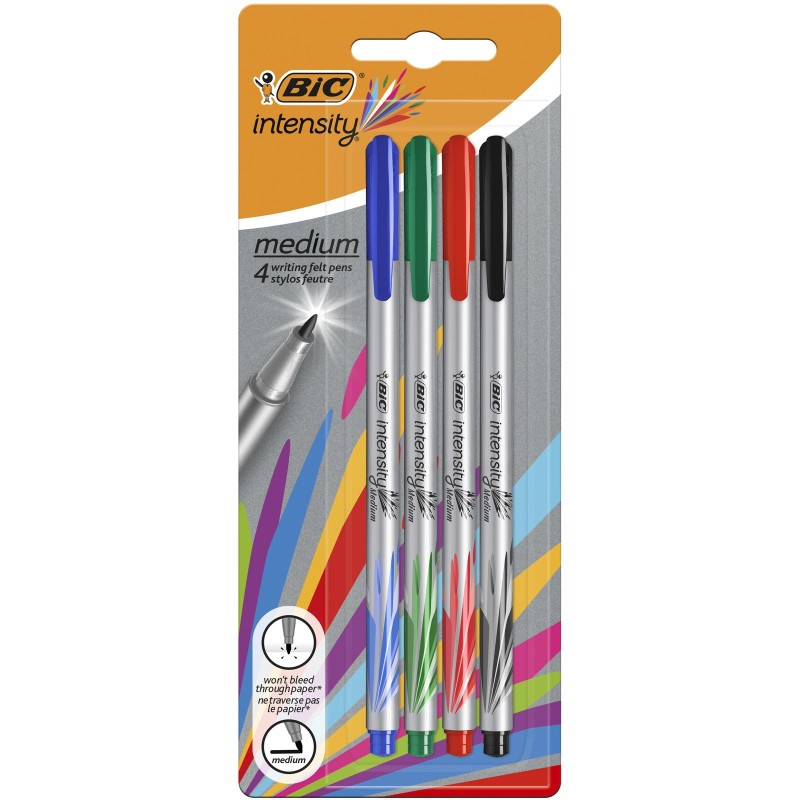 BIC Stylo feutre Intensity, pointe moyenne 0,7 mm, pochette de 4 couleurs