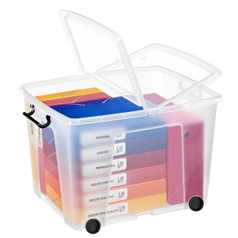 STRATA Boîte de rangement à roulettes Smart Storemaster avec poignées clips et couvercle papillon 75 litres 485 x 600 x 410 mm - Polypropylène transparent