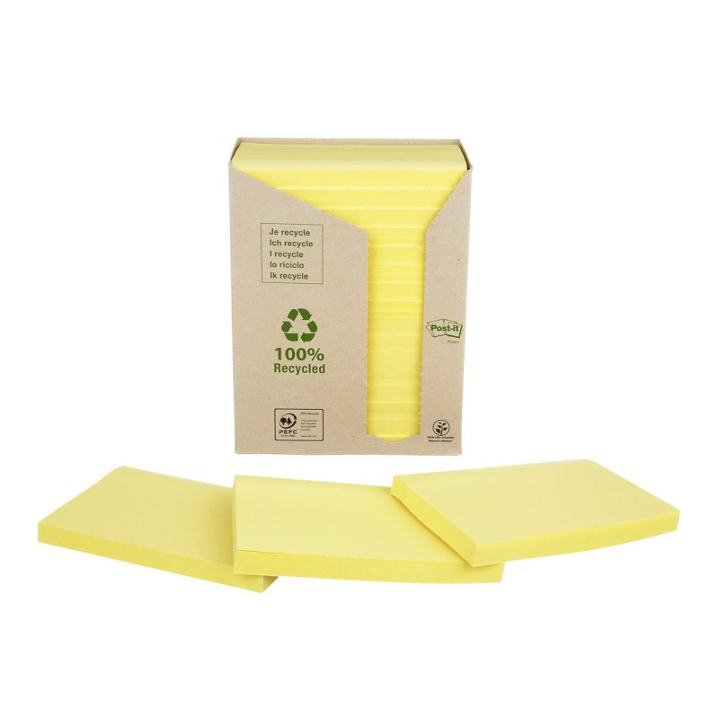 Post-it Notes repositionnables recyclées 76 x 127 mm - Jaune - Tour 16 blocs de 100 feuilles