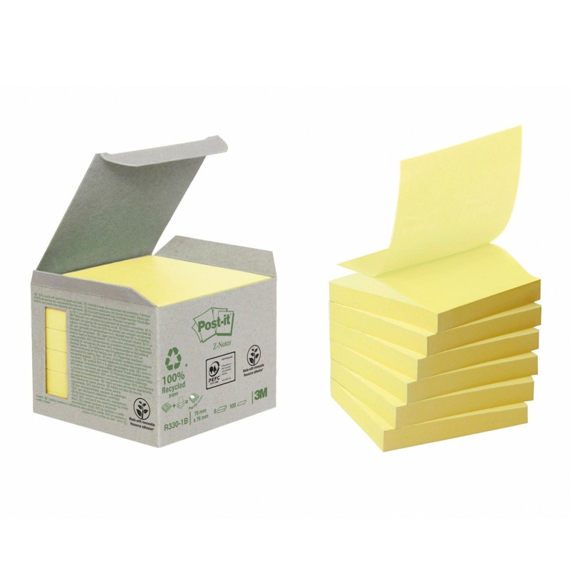 Post-it Mini-tour de notes adhésives papier recyclé Z-Notes jaune 76 x 76 mm - 6 blocs de 100 feuilles