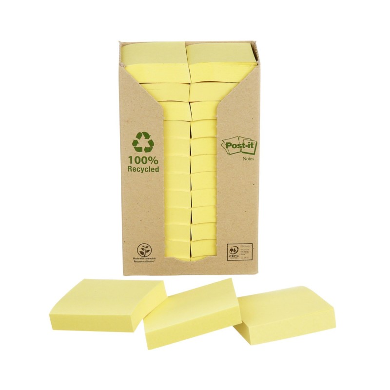 Post-it Notes repositionnables recyclées 38 x 51 mm - Jaune - Tour 24 blocs de 100 feuilles