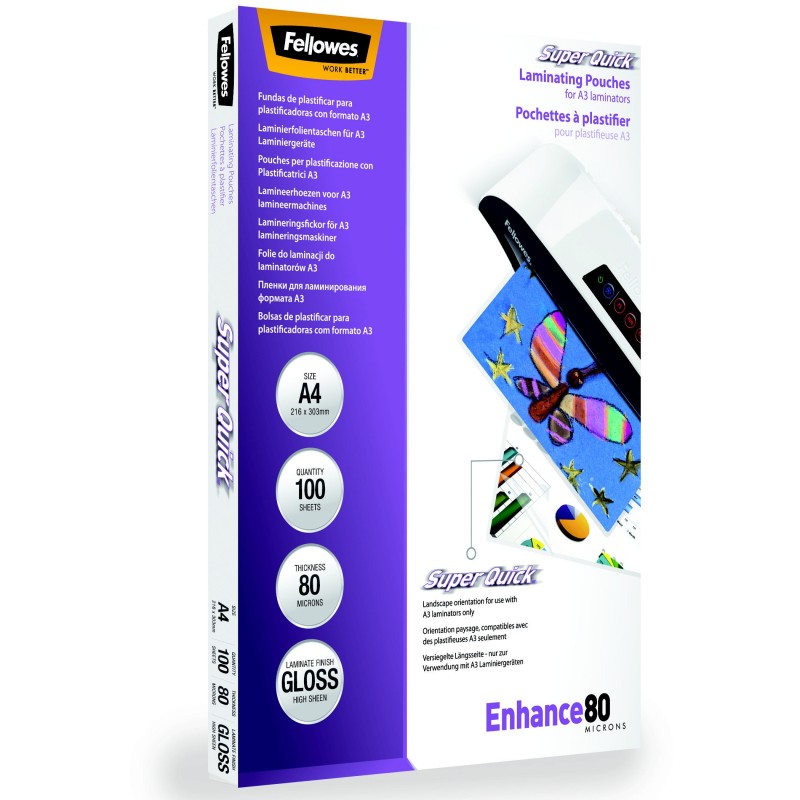 Fellowes Pochettes de plastification SuperQuick A4 - Epaisseur : 80 microns par face - Boîte de 100