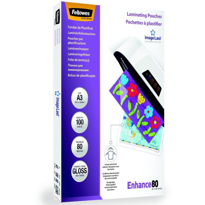 Fellowes Pochettes de plastification ImageLast A3 - Epaisseur : 80 microns par face - Boîte de 100