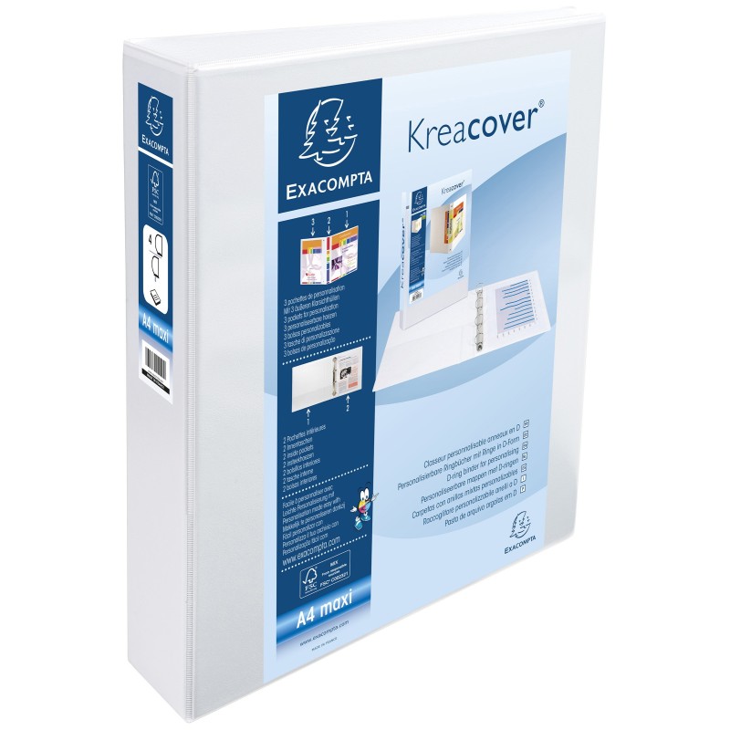 Exacompta Classeur à anneaux personnalisable 3 faces plastifié Kreacover 4 anneaux en D 40 mm - A4 maxi  Dos 6,4 cm Capacité 370 feuilles blanc